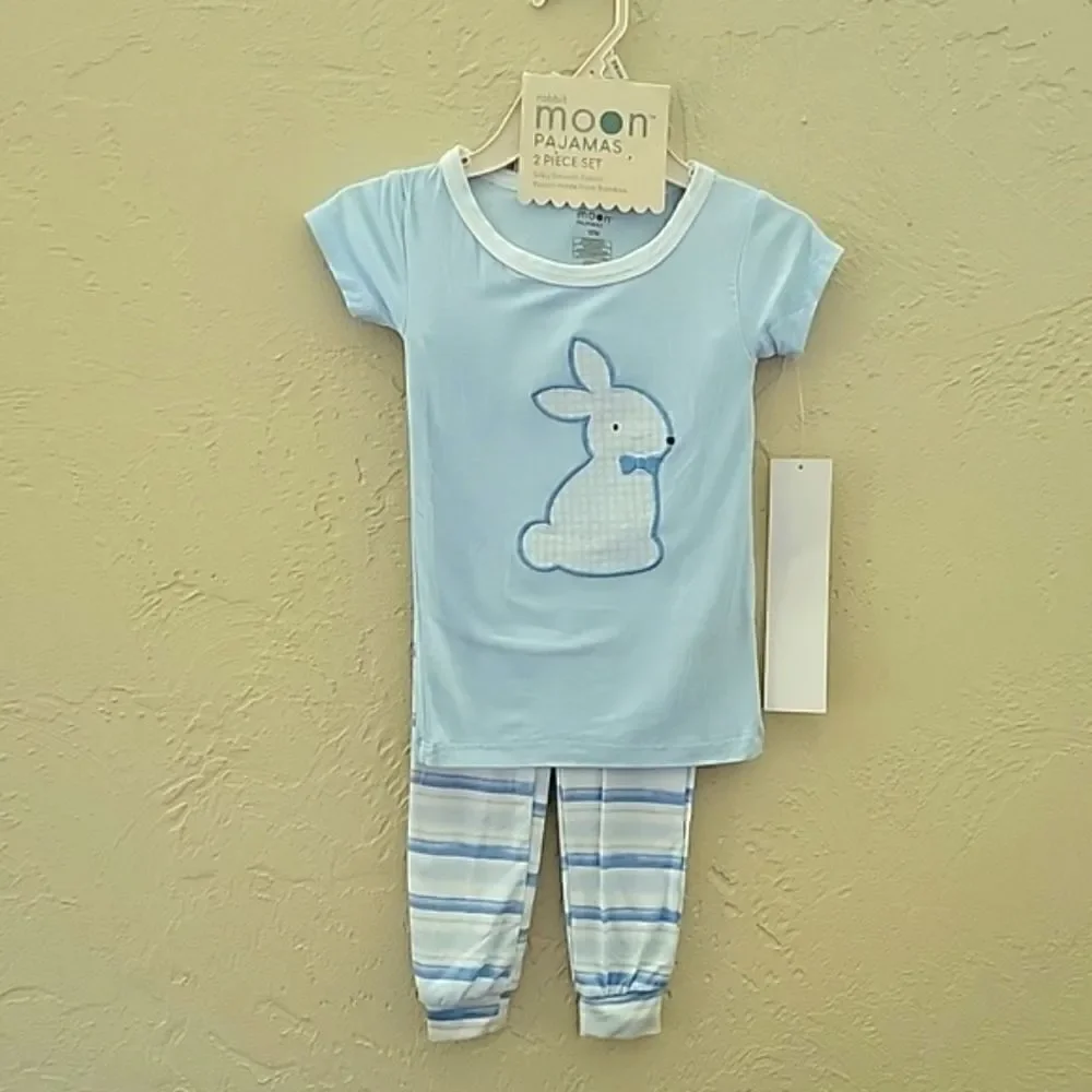 RABBIT MOON 2-PC LIGHT BLUE AND WHITE STRIPED BUNNY PAJAMAS, SZ 12 MONTHS - NEW!